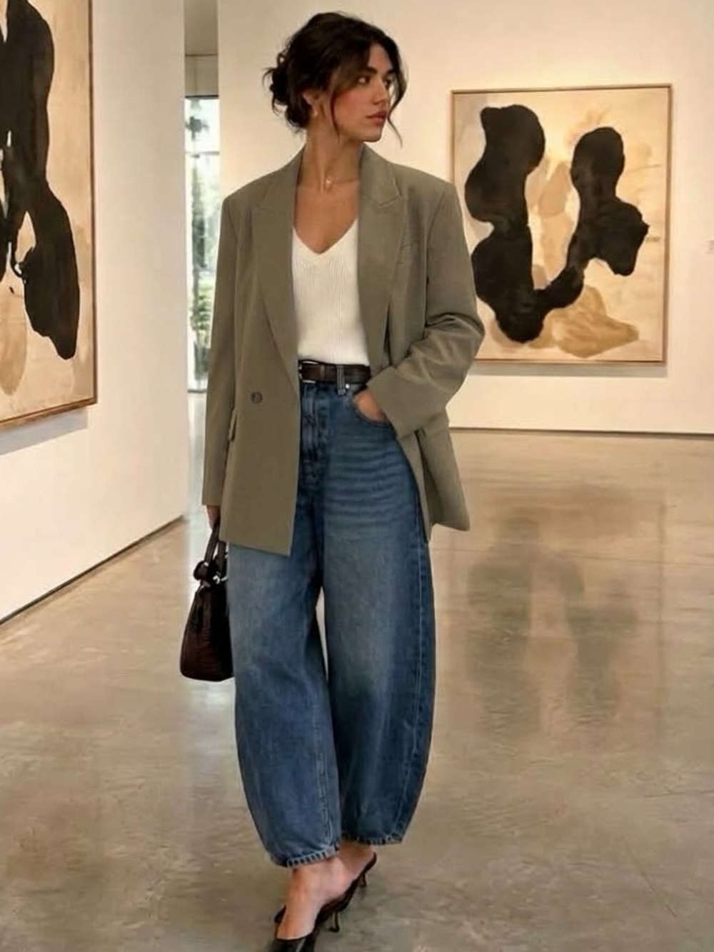 ZARA Taupe Khaki Green Double Breasted Oversized Blazer Jacket Size Medium Fall